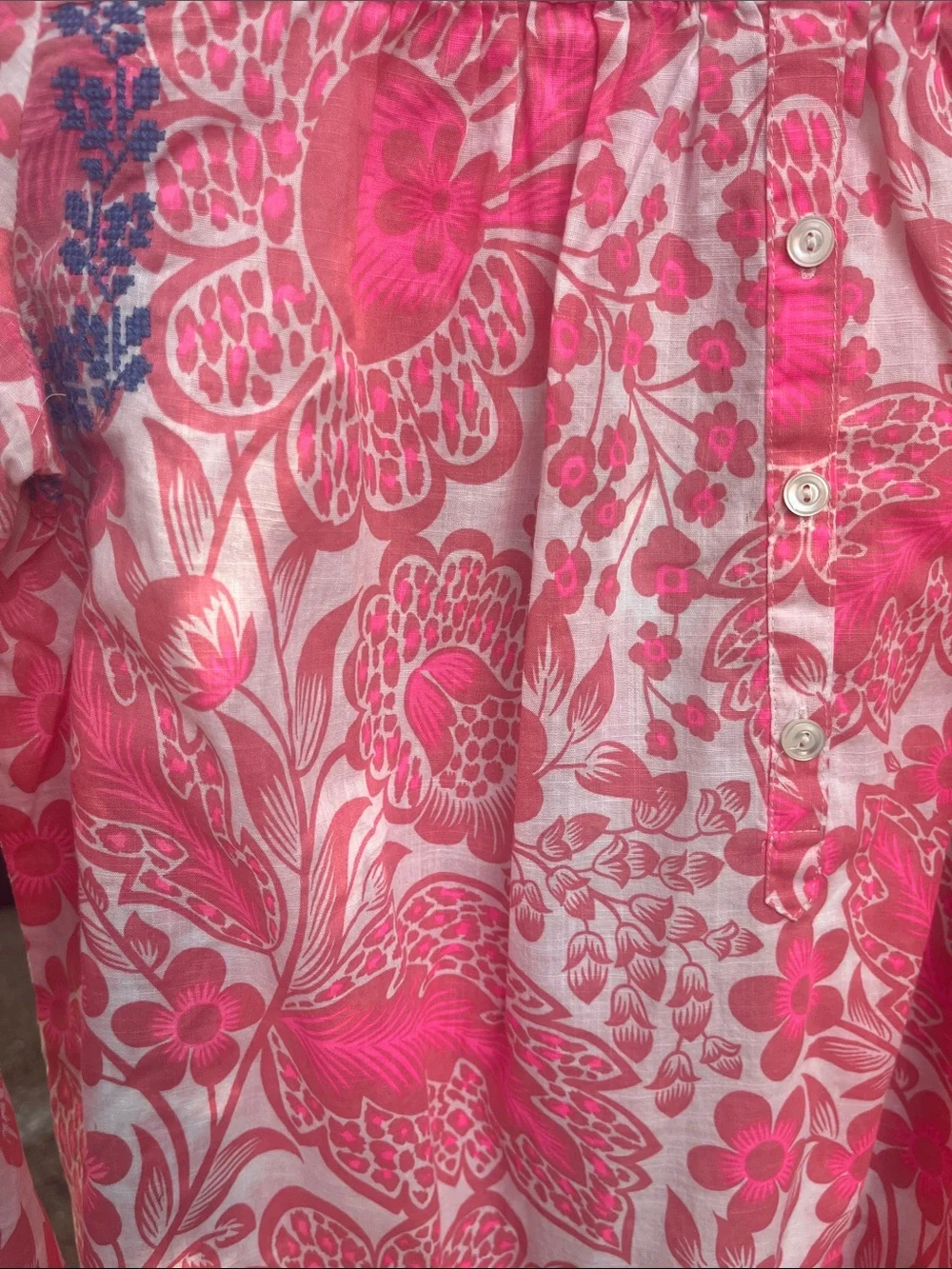 J. Crew Pink and Blue Floral Embroidered Peasant Blouse